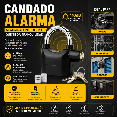 🔒 Candado con Alarma Antirrobo de Acero | 3 Llaves + Baterías Incluidas