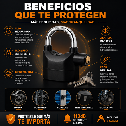 🔒 Candado con Alarma Antirrobo de Acero | 3 Llaves + Baterías Incluidas