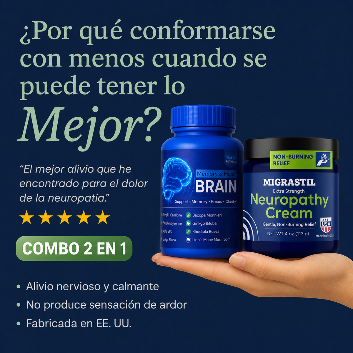 Combo 2x1🔥 Calma el Ardor y Hormigueo en Minutos – Crema para Neuropatía + NEURO BRAIN