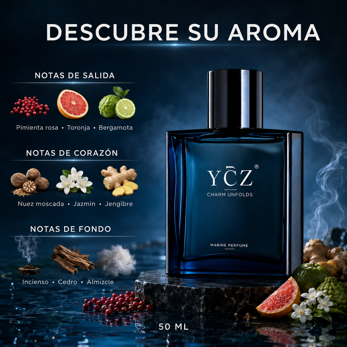 🌊YCZ CHARM UNFOLDS MARINE 50ML EL AROMA MASCULINO QUE DEJA HUELLA TODO EL DÍA