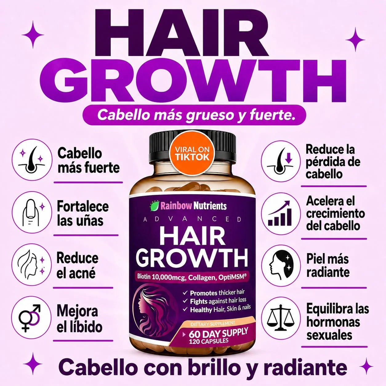HAIR GROWTH -vitaminas para crecimiento del cabello y anti caida con colageno y biotina